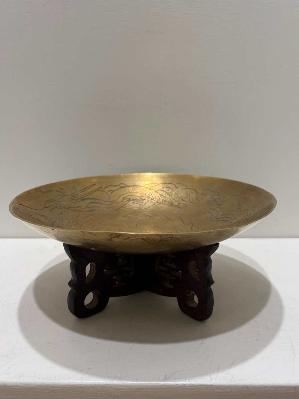 Vintage Etched Brass Decorative Bowl on Carved Wood Stand